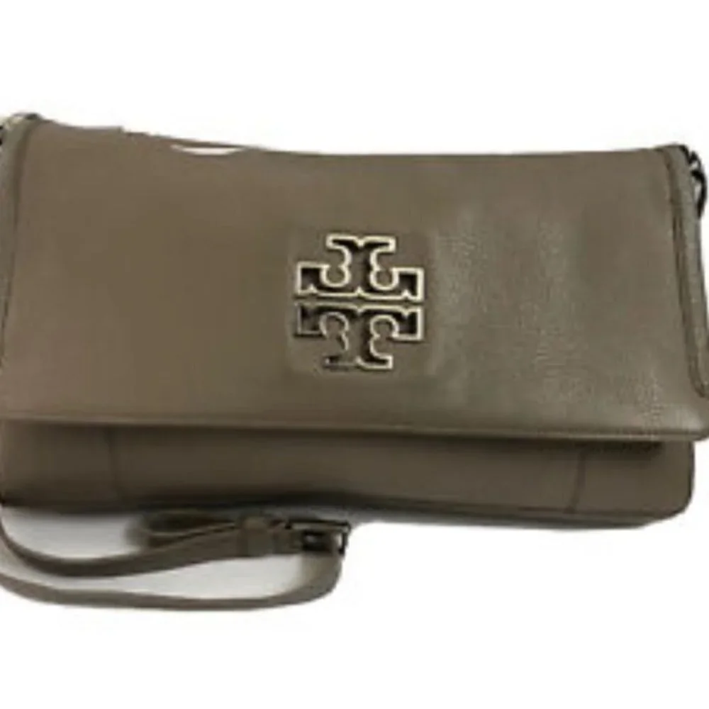 Tory Burch Satchel Handbag Taupe Leather ShoulderBag Purse Tote  Silver hardware